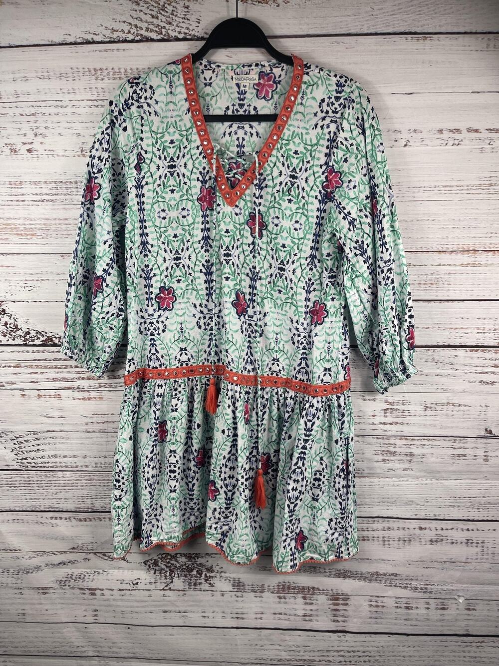MODAPOSA Tunic Dress Women's SZ M Floral Boho Embellished Lace Up V Neck Cotton